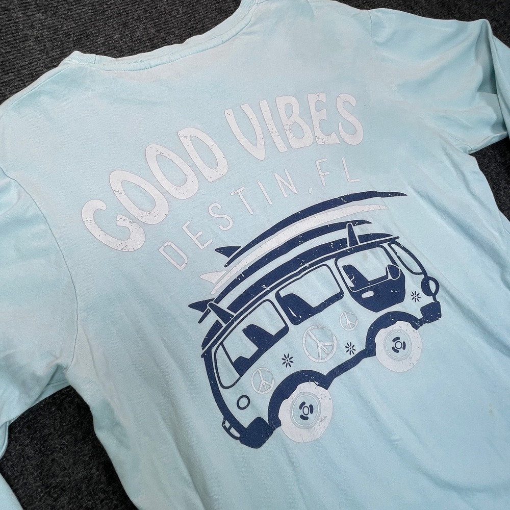 Alvin's Island Long Sleeve T Women M Blue Good Vibes Destin Retro Surf Van Beach